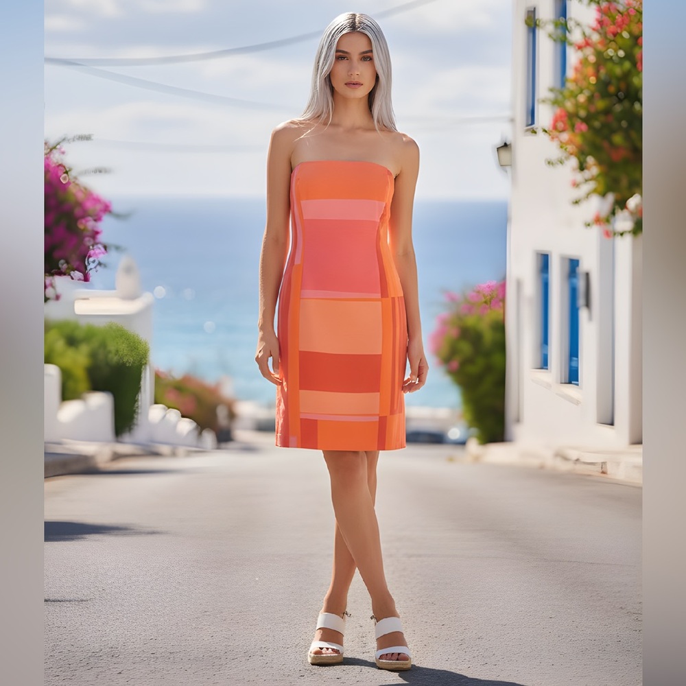 EUC Lafayette 148 NY SZ 6P orange/pink strapless geometric patterned dress